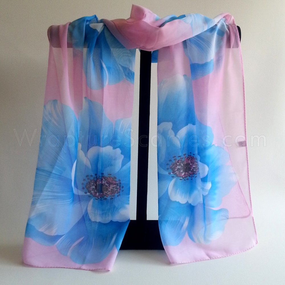 Blue & Pink "Poppy" polyester chiffon scarf, 18X56" NWOT